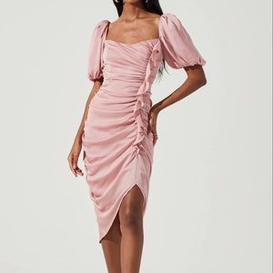 Pink Ruched Midi with Puff Sleeves